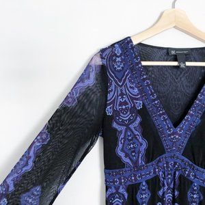 INC Purple & Black Semi Sheer V-neck Top Blouse